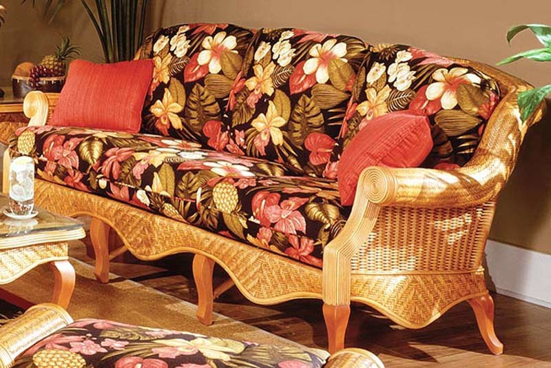 Wicker Sofa with Cushions (Antique Floral)