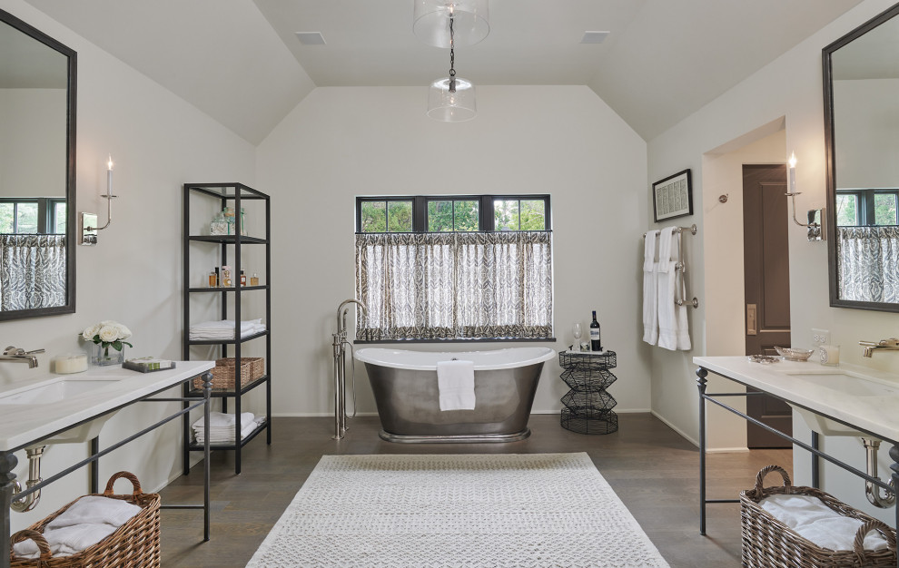 Inspiration for a large country master bathroom in DC Metro with a freestanding tub, white walls, dark hardwood floors, marble benchtops, white benchtops, a double vanity, a built-in vanity and vaulted.