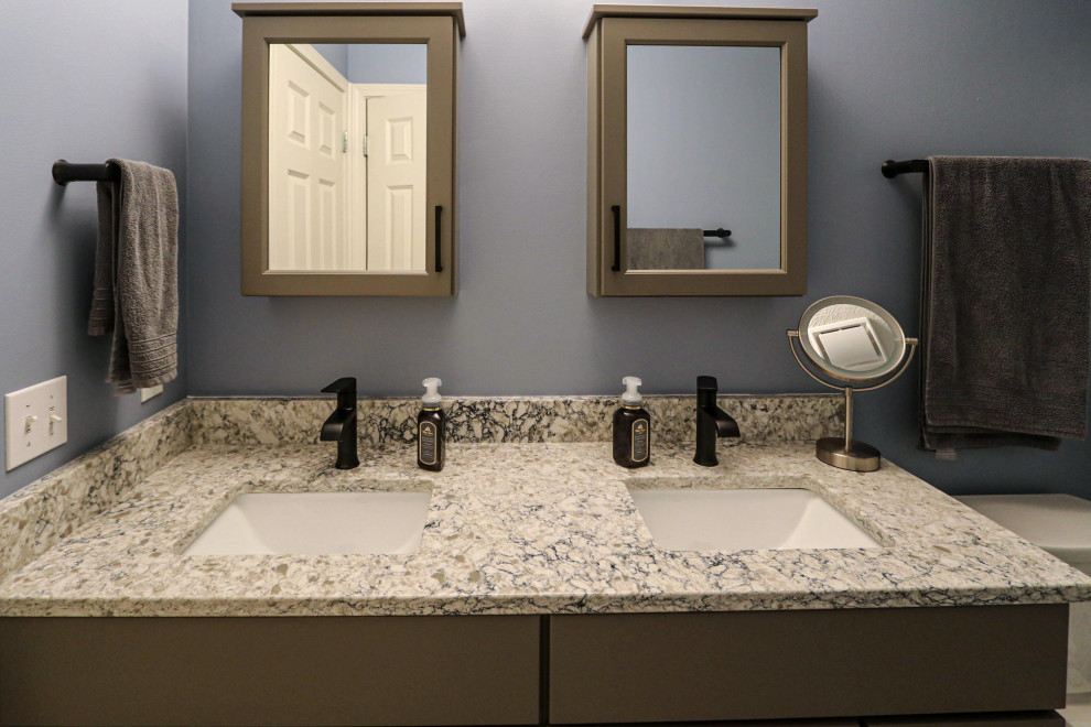 This is an example of a small transitional kids bathroom in Cleveland with flat-panel cabinets, grey cabinets, engineered quartz benchtops, beige benchtops, a double vanity and a freestanding vanity.