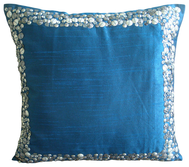 Metallic Sequins Blue Art Silk Pillow Cover Royal Silver Royal Blue Silver 14 X14 Art Silk Pillows Cover
