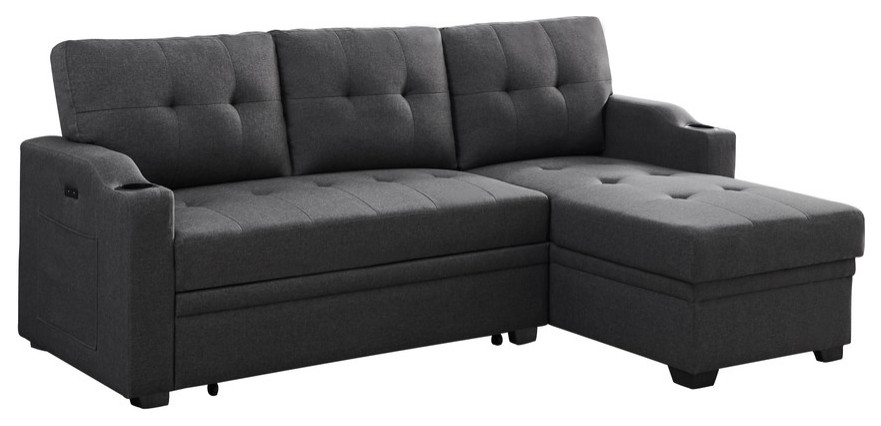 Mabel Fabric Sleeper Sectional With Cupholder, USB and Pocket, Dark Gray, Linen