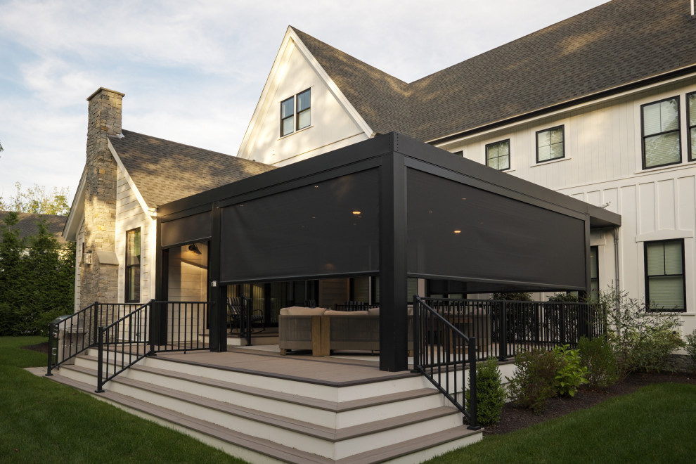 Large minimalist porch idea in Boston with a pergola
