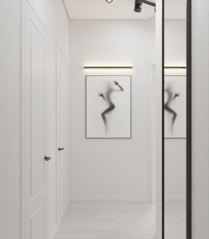 Идея дизайна: узкий коридор среднего размера в современном стиле с серыми стенами, полом из ламината и серым полом