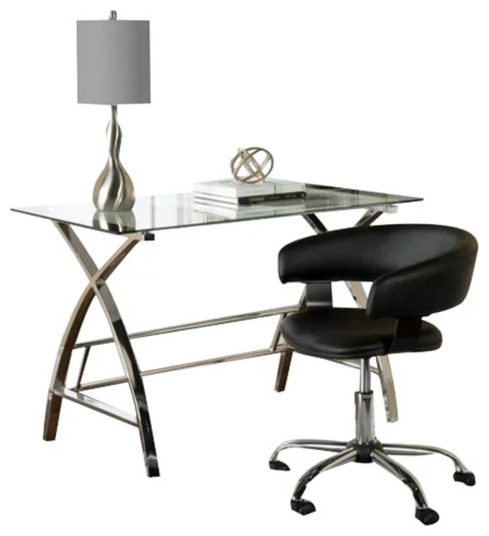 Large Desk & Chair, World Map Glass Tabletop & PU Seat With Curved Back