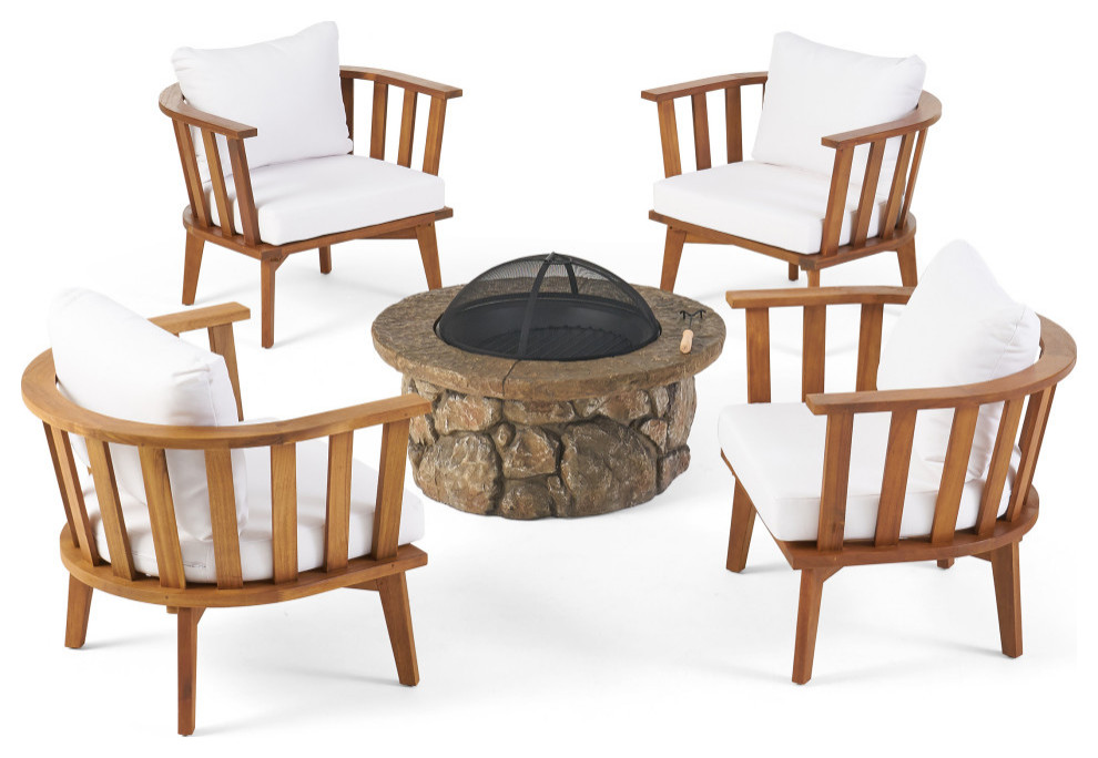 Amelie Outdoor Acacia Wood 4-Seater Club Chairs and Fire Pit Set
