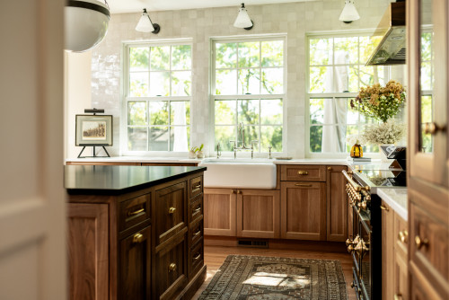 Solid wood Kitchen Cabinet Mississauga with a farmhouse sink and luxury wood finishes