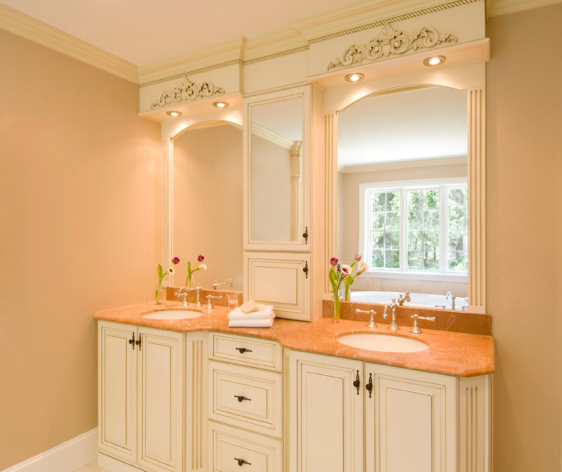 Large traditional 3/4 bathroom in Boston with an undermount sink, raised-panel cabinets, beige cabinets, granite benchtops and medium hardwood floors.