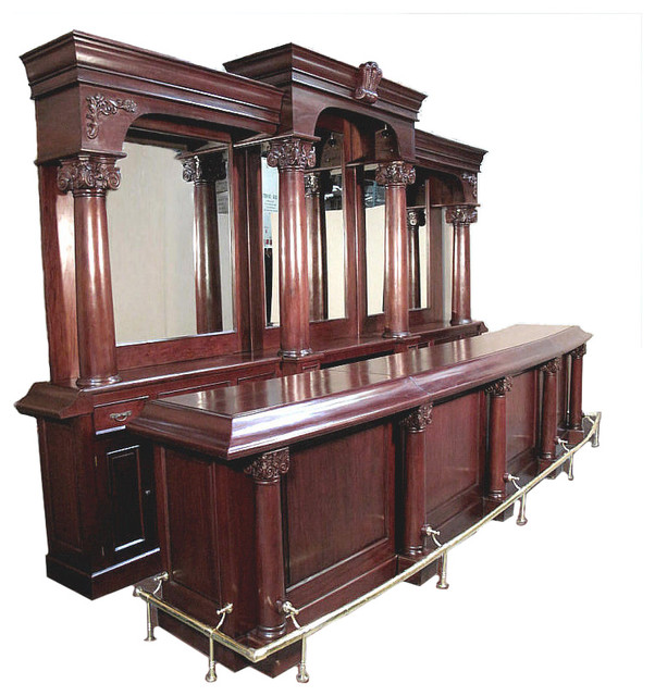 MBW Furniture 16FT Large Mahogany Traditional Commercial English Pub Bar w/ Brass Rails View