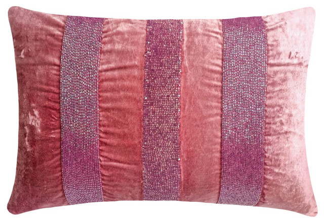Pink Velvet 12"x24" Lumbar Pillow Cover, Beaded Sparkling Stripe, Pink