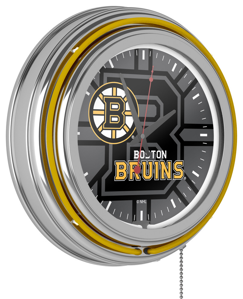NHL Chrome Double Rung Neon Clock, Watermark, Boston Bruins