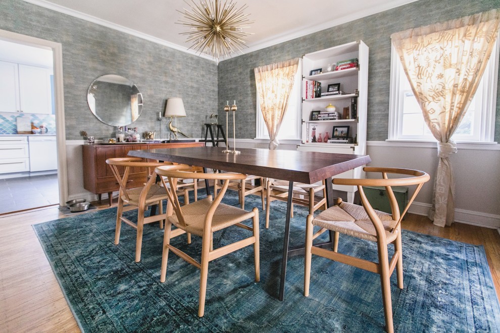 Design ideas for a mid-sized midcentury separate dining room in Philadelphia with blue walls, light hardwood floors, no fireplace and brown floor.