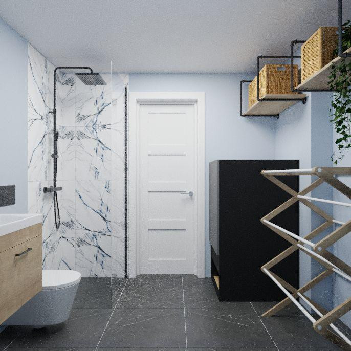Mid-sized contemporary wet room bathroom in London with white cabinets, a wall-mount toilet, blue tile, stone tile, blue walls, marble floors, a console sink, grey floor, an open shower, a laundry, a single vanity and a floating vanity.