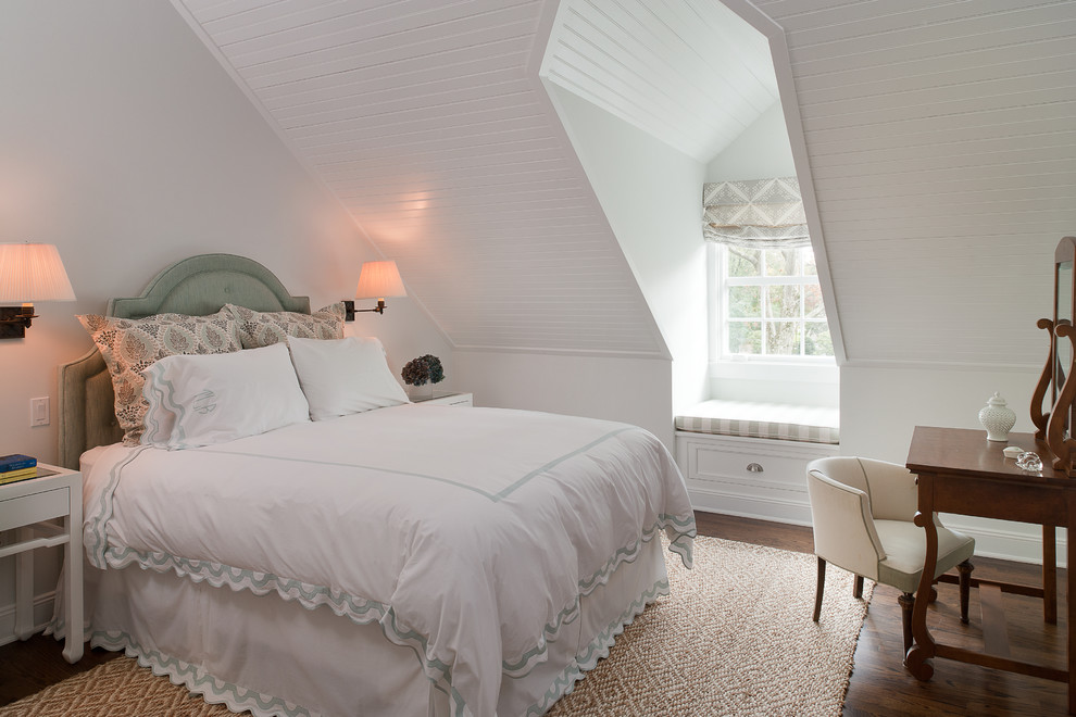 Photo of a traditional bedroom in New York with white walls, dark hardwood floors and no fireplace.