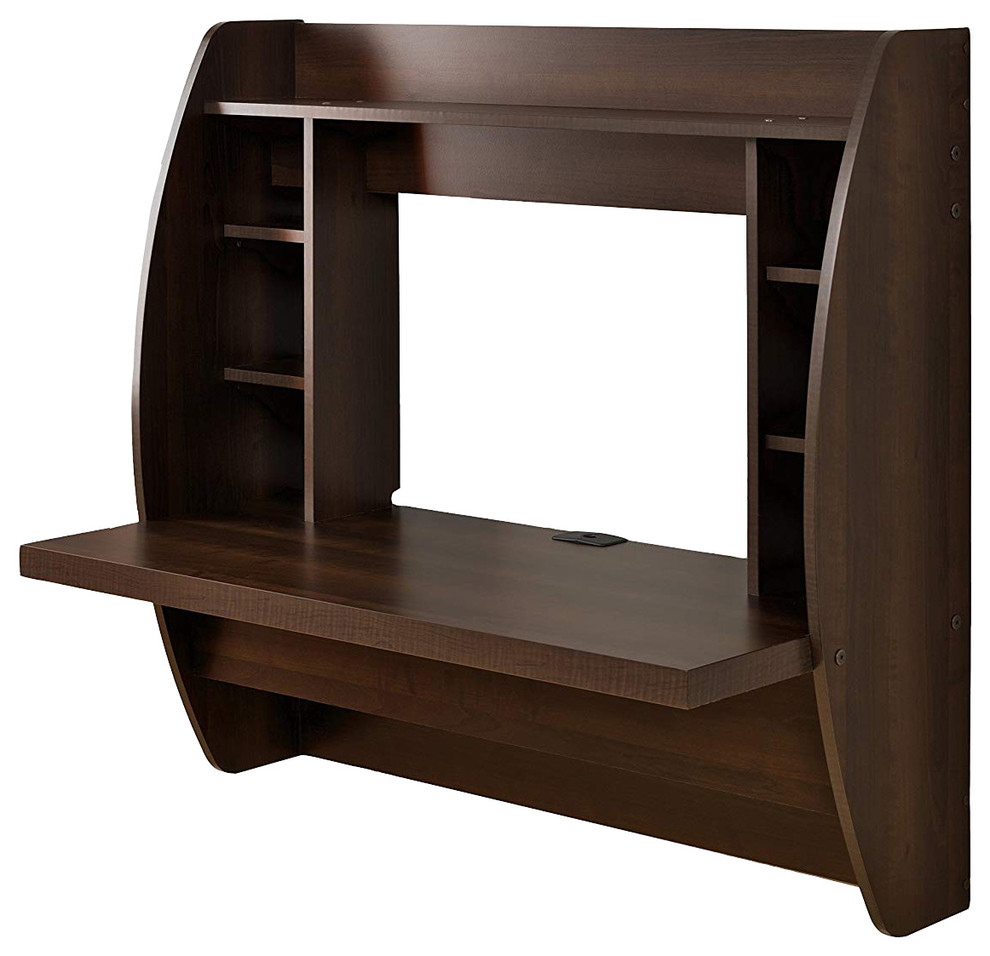 Pemberly Row Floating Computer Desk with Storage in Espresso