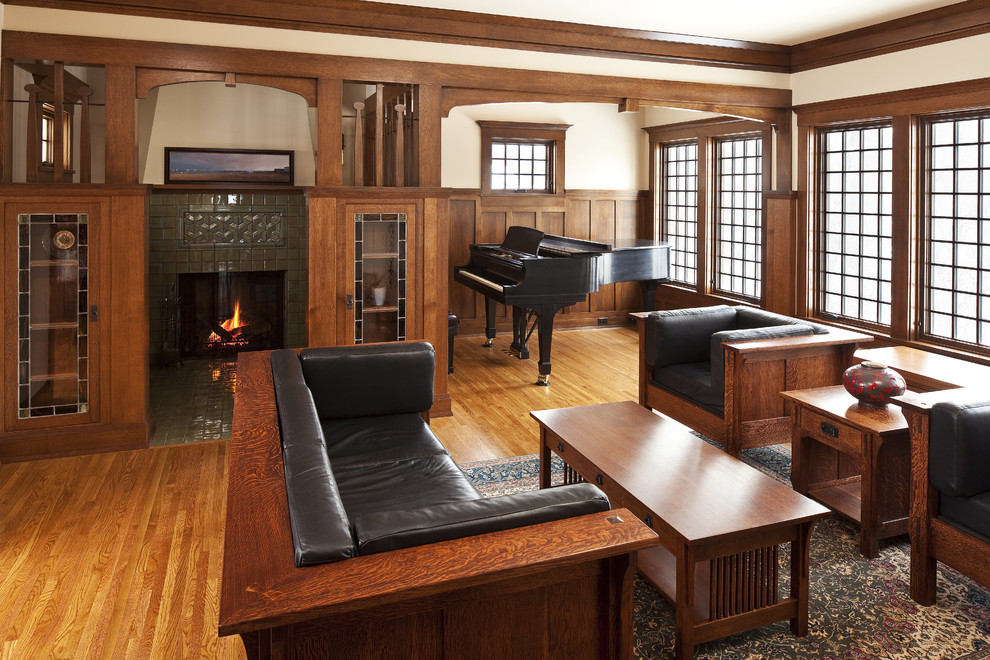 Example of an arts and crafts enclosed living room design in Other with a music area