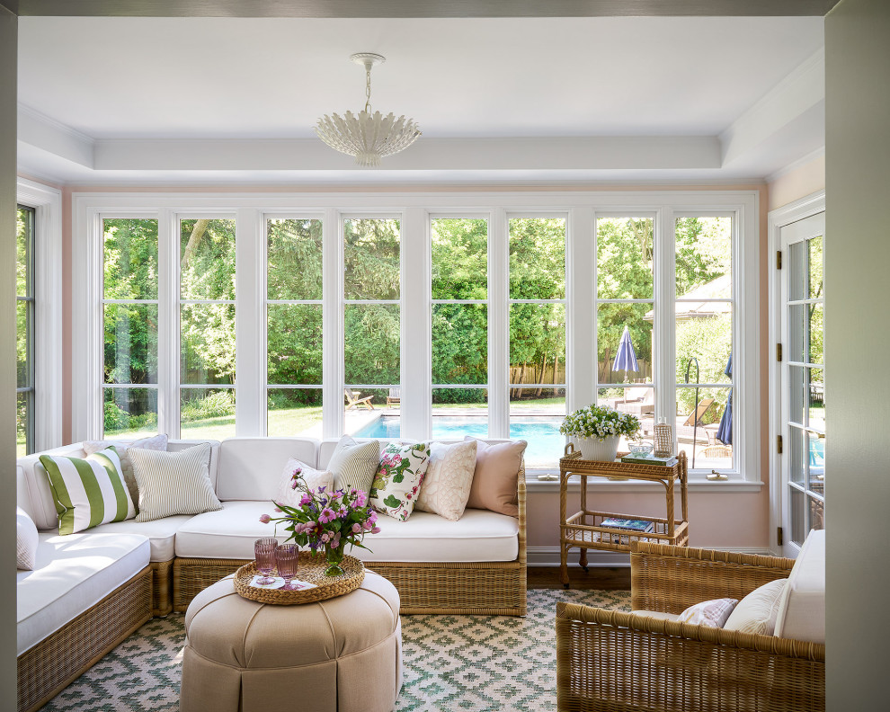Elegant dark wood floor and brown floor sunroom photo in Chicago with a standard ceiling