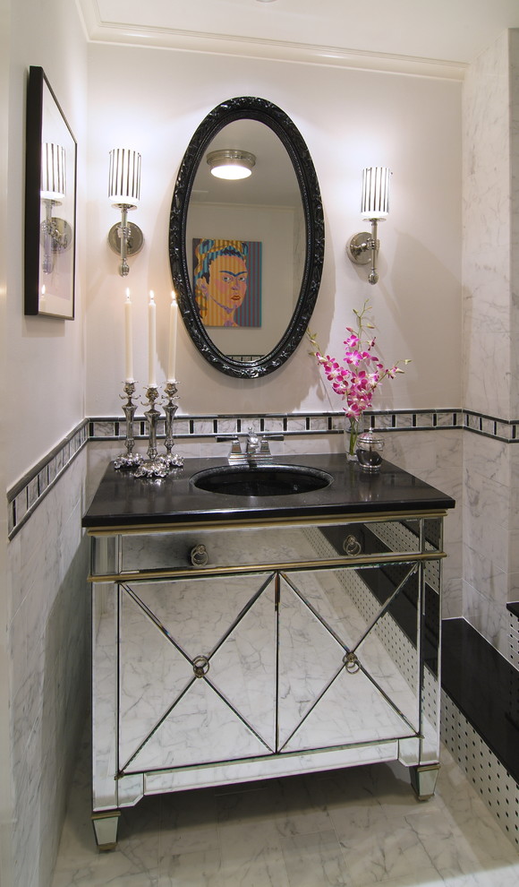 Inspiration for a contemporary bathroom in Houston with white tile and flat-panel cabinets.