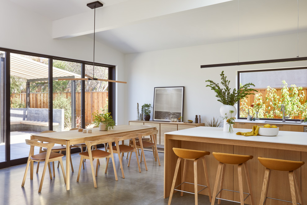 Medium sized modern open plan dining room in San Francisco with white walls, concrete flooring, no fireplace, grey floors and exposed beams.