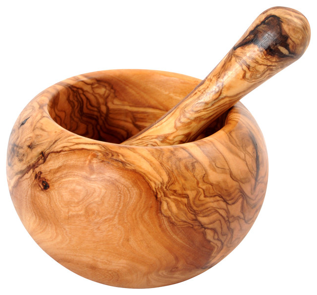 Handmade Olive Wood Pestle and Mortar, 5.5" Contemporary Mortar And