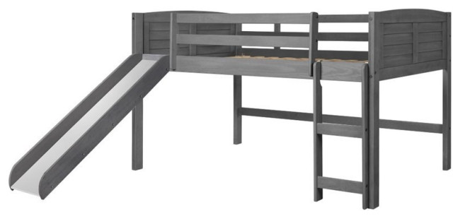 Donco Kids Louver Twin Solid Wood Low Loft Bed with Slide in Antique Gray