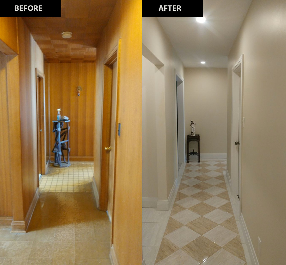 Example of a mid-sized transitional porcelain tile and multicolored floor hallway design with beige walls