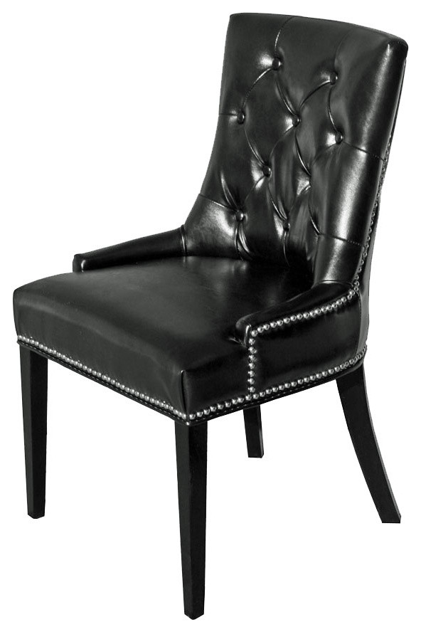 Accent Tufted Leather Dining Chair With Silver Nailhead, Black