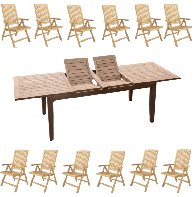 13-Piece Outdoor Teak Dining Set: 122" Rectangle Table, 12 Marley Folding Chairs