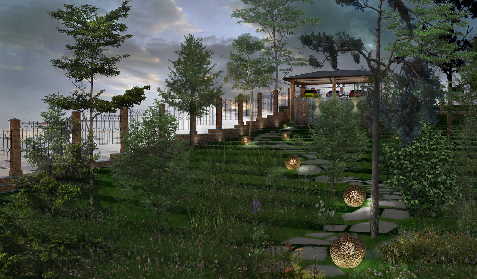 Навес для трёх авто на рельефе с цокольным этажом в Велегож- парк 2 Тульской обл