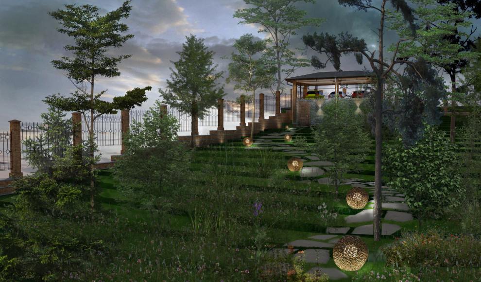 Навес для трёх авто на рельефе с цокольным этажом в Велегож- парк 2 Тульской обл