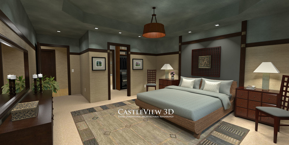 Design ideas for a large asian master bedroom in New York with brown walls, carpet and no fireplace.