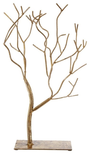 Leafless Branched Iron Tree Accent With Rectangular Base, Gold