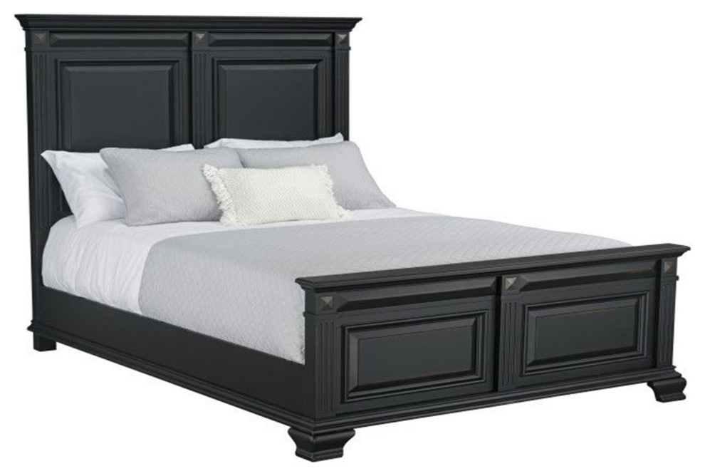 Classic Platform Bed, Vintage Black Pine Wood Frame With Carving