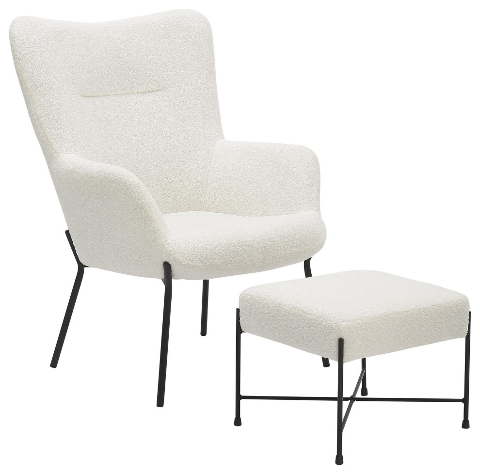 Izzy Lounge Chair + Ottoman Set, Black Metal, White Sherpa Midcentury