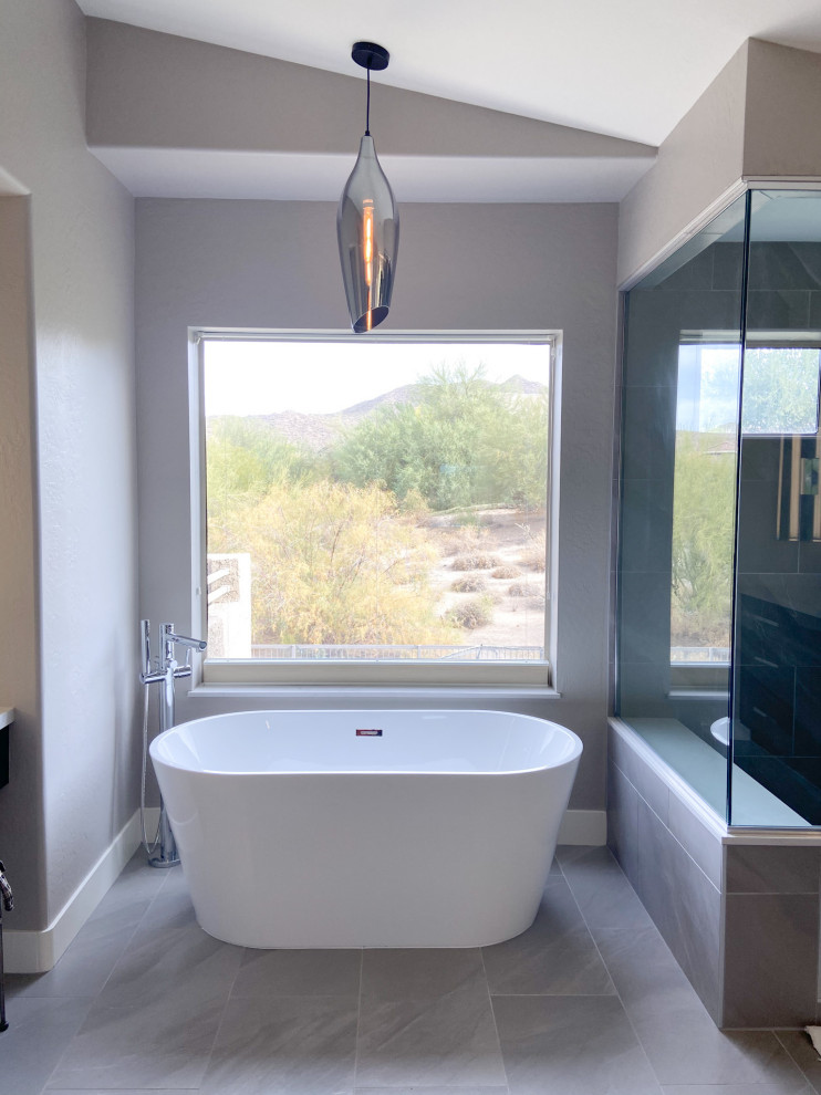 Bathroom - large contemporary master single-sink bathroom idea in Phoenix with shaker cabinets, black cabinets and a built-in vanity