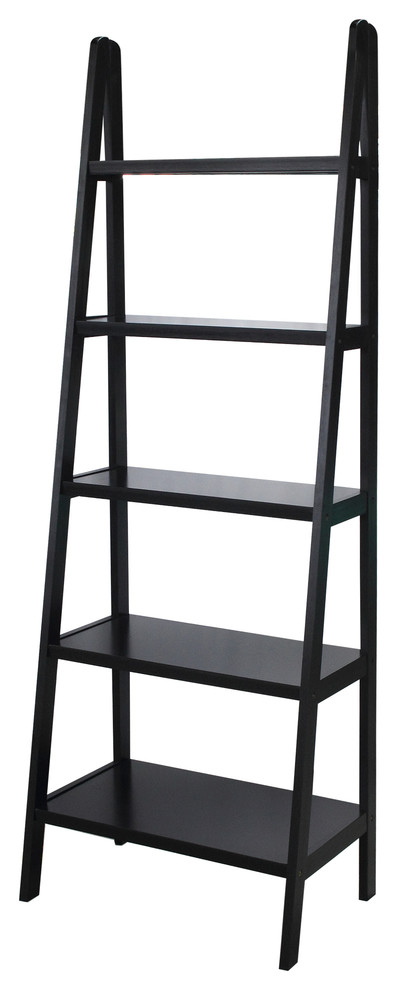 5 Shelf Ladder Bookcase Transitional, Casual Home Ladder Warm Brown Wood 5 Shelf Bookcase