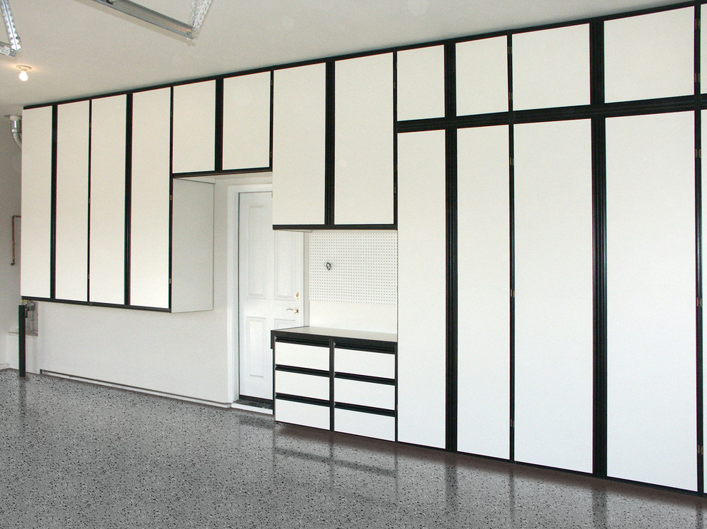 White Wall Mounted Modular Cabinets With Black Trim Contemporary