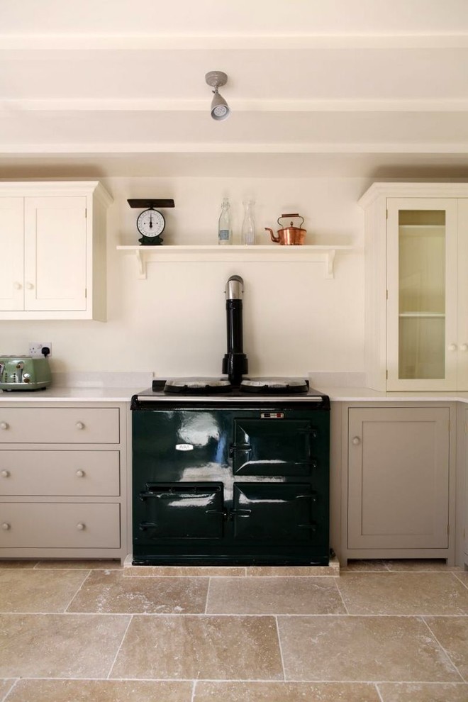 This is an example of a mid-sized traditional u-shaped separate kitchen in Other with a farmhouse sink, shaker cabinets, grey cabinets, marble benchtops, coloured appliances, travertine floors and no island.