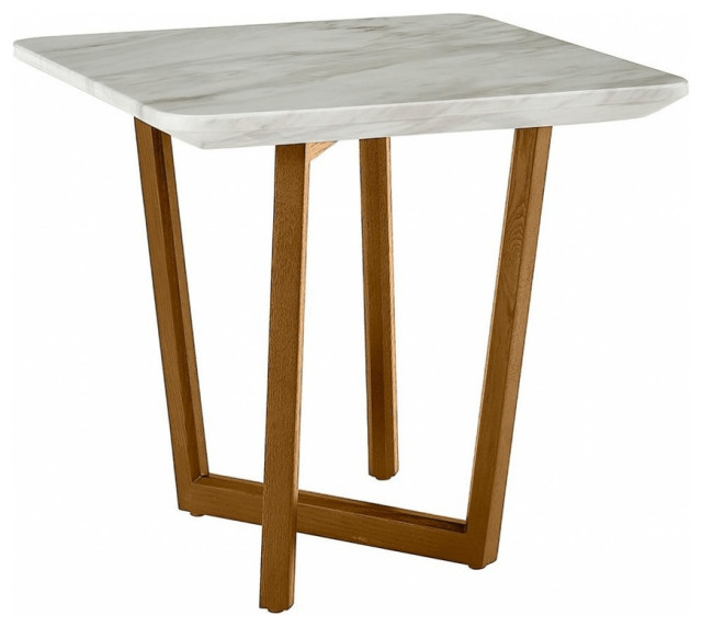 22" Walnut And White Faux Marble Square End Table Transitional Side