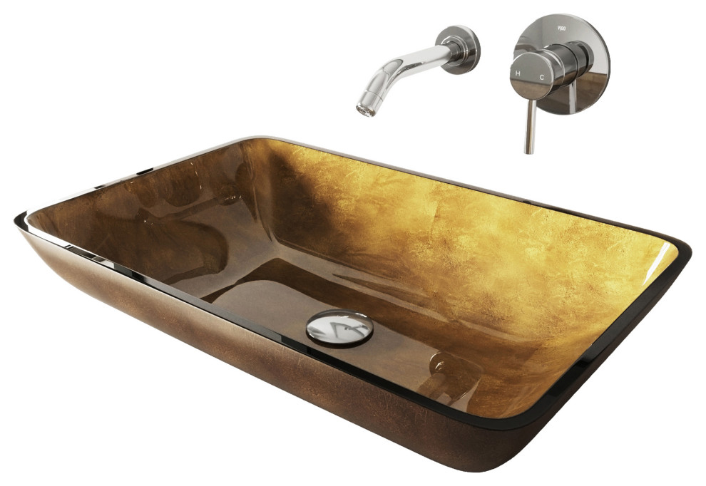 VIGO Rectangular Copper Glass Vessel Sink and Wall Mount Faucet Set