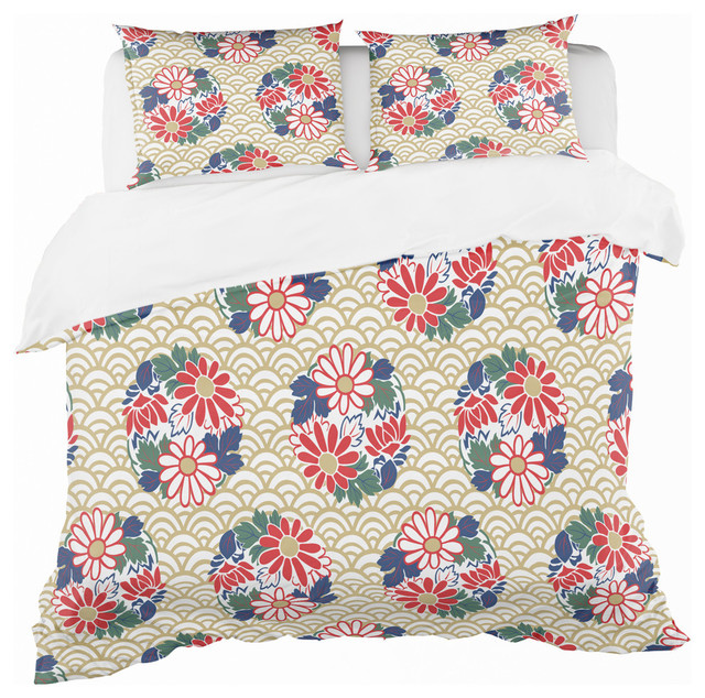 Japanese Floral Pattern Oriental Duvet Cover Set Contemporary