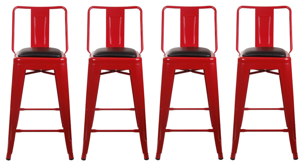 Metal Red Bar Stools With Middle Back Black Vegan Leather Seat, Set of