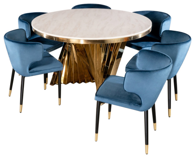 7-Piece Waterfall Dining Set, Blue Chairs