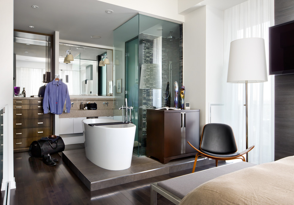Photo of a contemporary bathroom in Toronto with a freestanding tub.