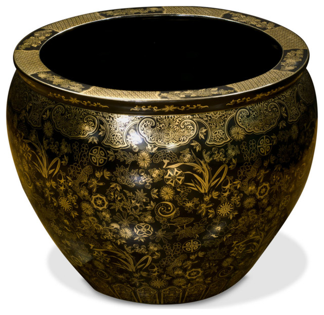 22.5 Inch Black and Gold Floral Design Chinese Fishbowl Planter - Asian