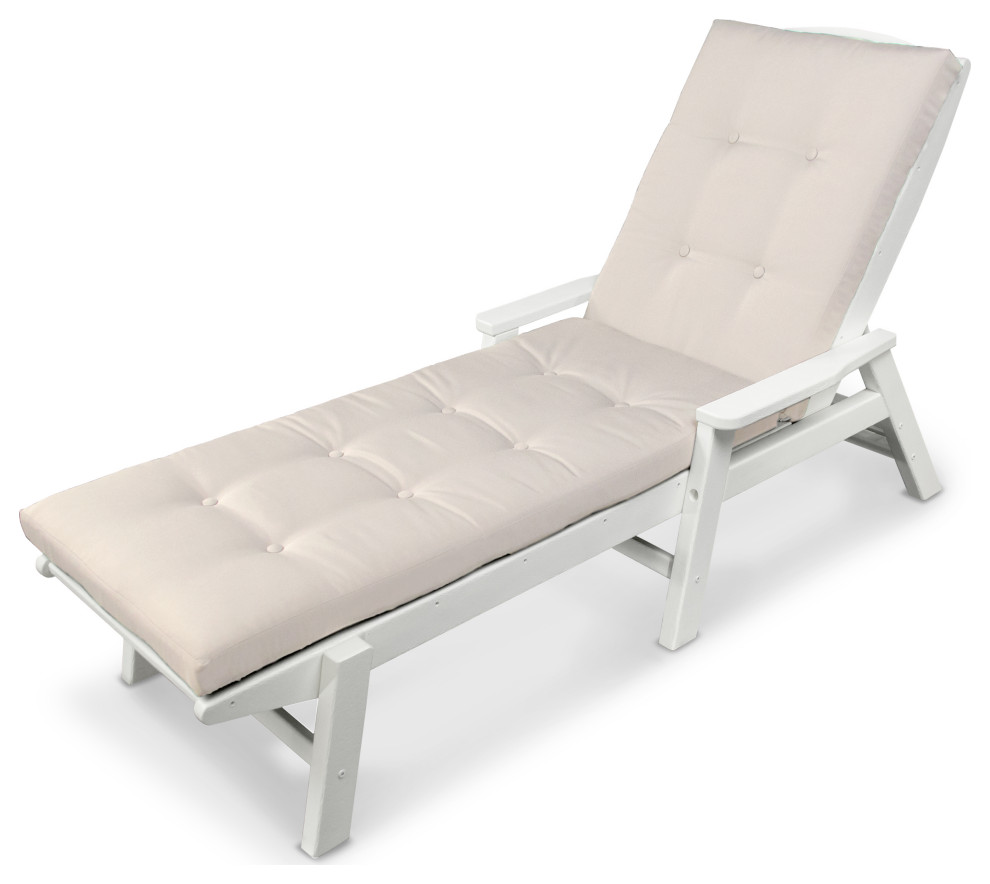 POLYWOOD Nautical Chaise With Arms and Ateeva Luxe Cushion, White/Bird's Eye