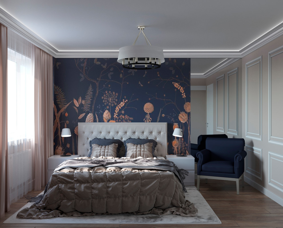 Спальня в Москве в неоклассике с синими деталями