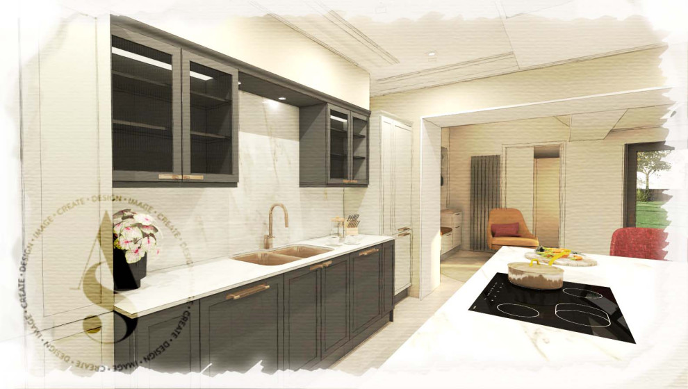 На фото: угловая кухня-гостиная среднего размера: освещение в стиле модернизм с фасадами в стиле шейкер, черными фасадами, гранитной столешницей, островом и белой столешницей с