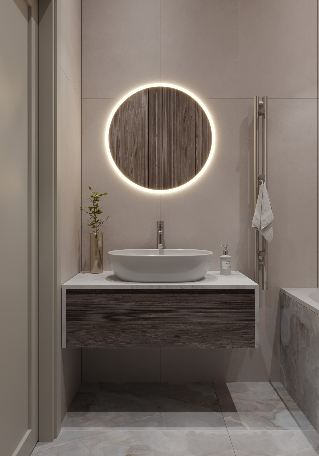 Ванная с керамогранитом под оникс