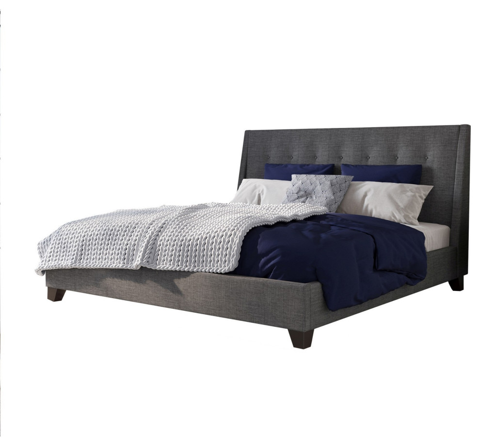 Atina Queen Bed, Dark Charcoal Gray Linen Upholstered, Slanted