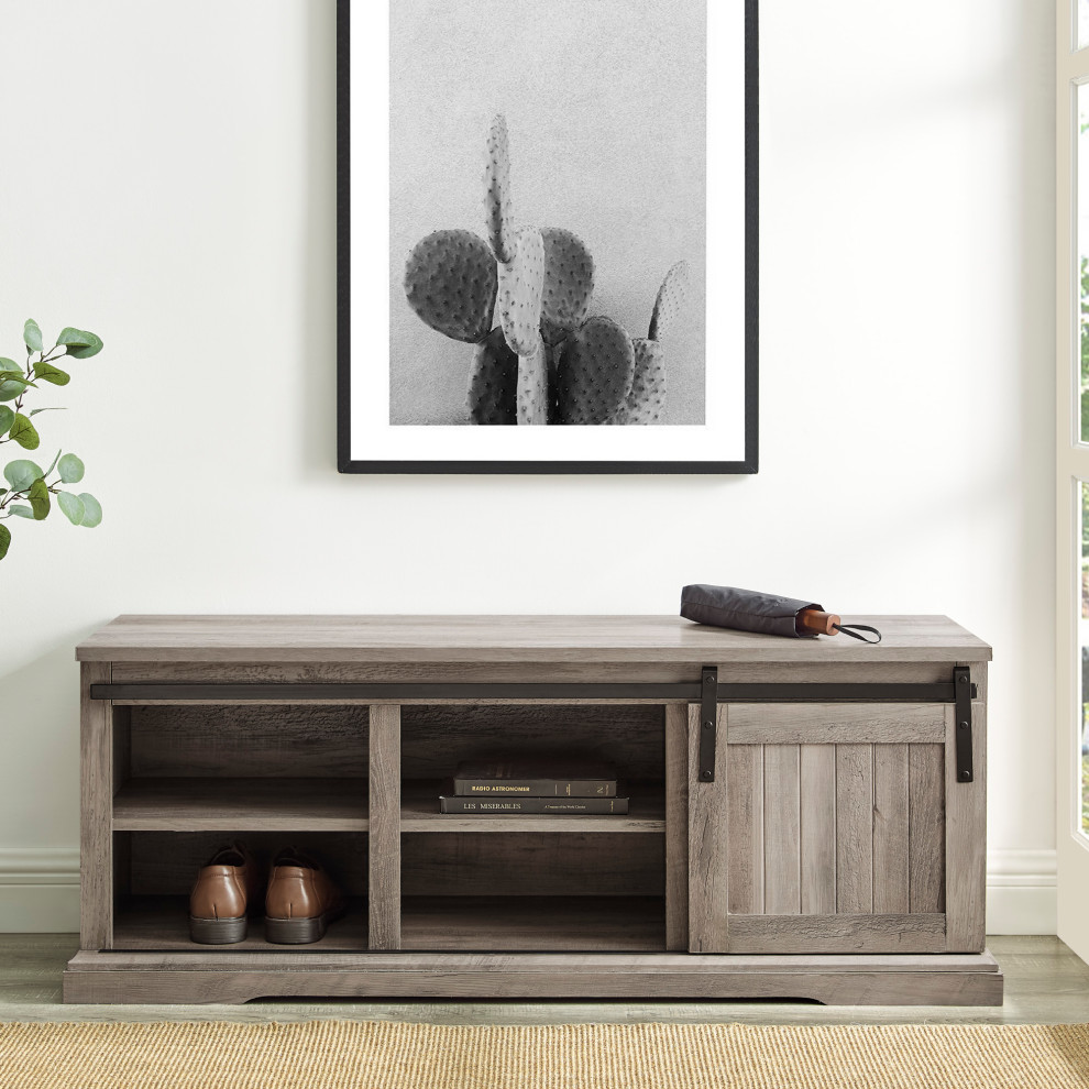48" Sliding Grooved Door Entry Bench, Gray Wash Farmhouse Accent